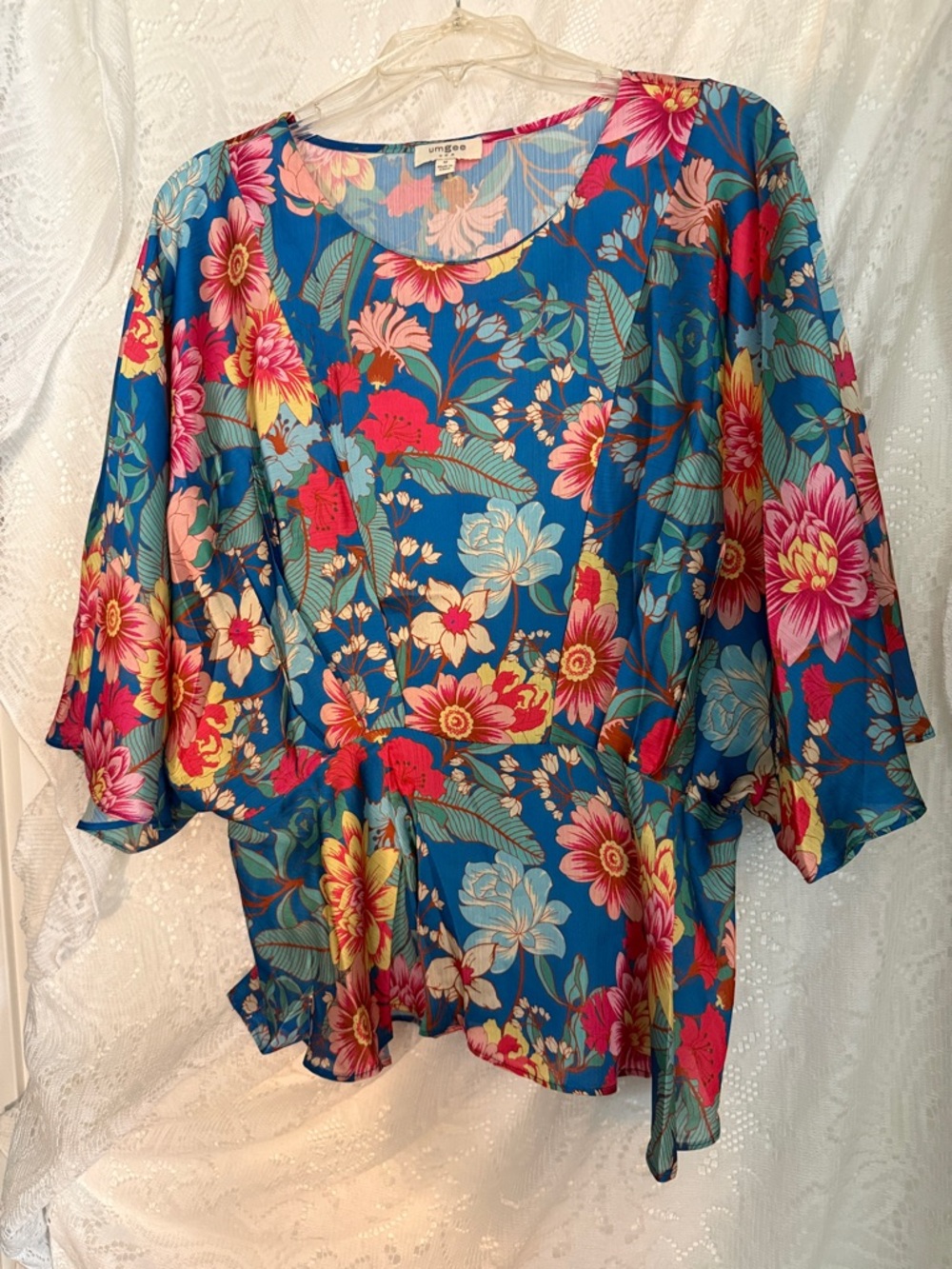 Umgee Teal Blue Floral Top with Pink & Yellow Blooms